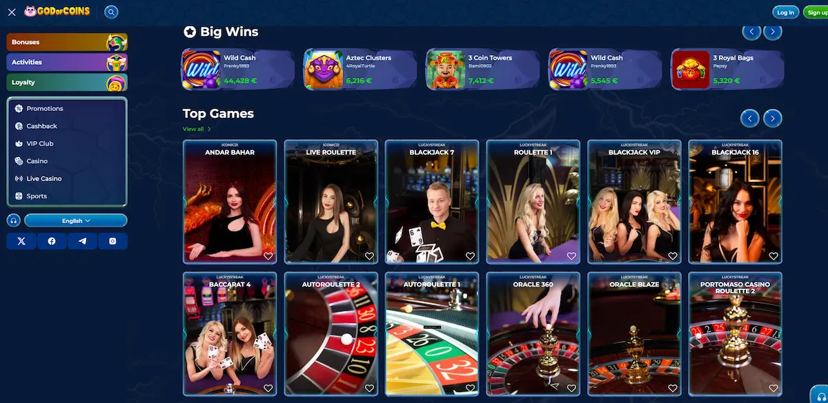 God of Coins live casino lobby with real-dealer tables streamed in HD