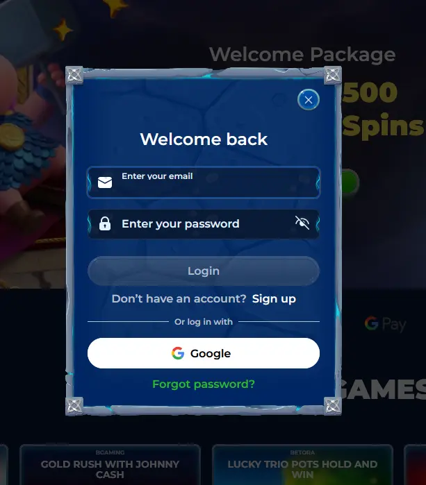 God of Coins login page on desktop browser